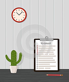 To do list with pencil, cactus and wallclock photo