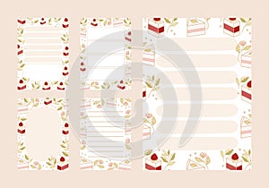 To do list, daily planner, notepad templates with hand drawn cake and strawberry elements