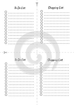 To Do list, Shopping List printable template vector. Blank white page A4 to print