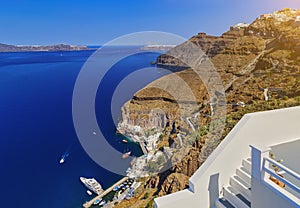 To get from Santorini old port to Fira you have two transfer options, cable car or donkey ride. Santorini classically Thera and