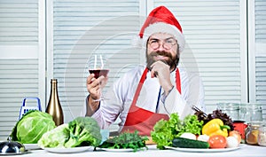 To merry xmas. Chef man in hat. Secret taste recipe. Bearded man cook in kitchen, culinary. Healthy food cooking
