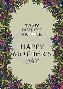 To my dearest mother happy mother\'s day text with red flower frame on green background photo