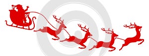 To The Right Flying Curved Christmas Sleigh Santa And Four Reindeers Red
