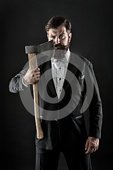 To shave or not to shave. Bearded man hold axe. Brutal hipster prepare sharp blade to shave. Razor shave. Barber salon