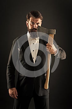 To shave or not to shave. Bearded man hold axe. Brutal hipster prepare sharp blade to shave. Razor shave. Barber salon