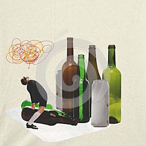 To stop drinking. Alcoholism concept. Stop alcohol addiction. Addicting to alcoholic drink. Artwork or creative collage