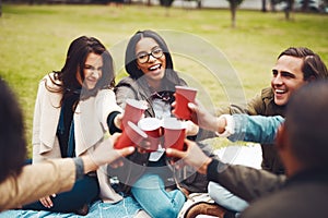 To who is this next toast dedicated to. a group of cheerful young friends having a picnic together while celebrating