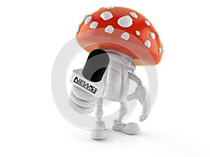 Toadstool character holding interview microphone