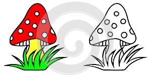 Toadstool colorful and black and white vector isolated on white. Cartoon mushroom illustraion