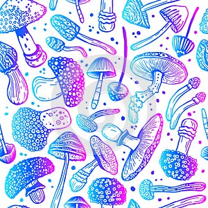 Toadstool concept hand drawn. Beautiful wallpaper of psilocybin mushrooms. Seamless vector pattern of hallucinogenic mushrooms