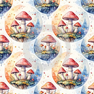 Toadstool Fantasy Globe Seamless Pattern