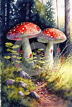 Toadstool, mushrooms in red with white spots, forest landscape