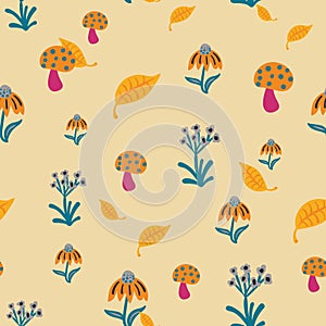 Toadstools, flowers and leaves seamless vector pattern