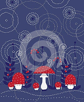 Toadstools in a magical forest. Vector illustration