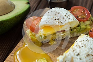 Toast with avocado , egg and tomatoes cooked in olive oil