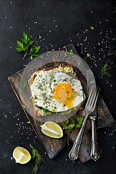 Toast with avocado, spinach and fried egg on wooden cutting boar