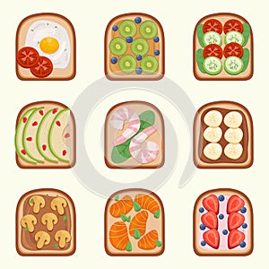 Toast breackfast vector illustration. Toasted sandwiches collection.Toasts with different ingredients Top View.