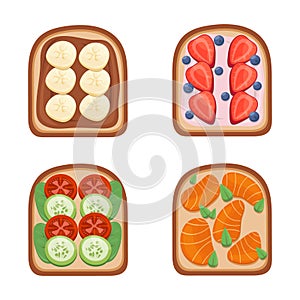 Toast breackfast vector illustration. Toasted sandwiches collection.Toasts with different ingredients Top View.