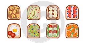 Toast breackfast vector illustration. Toasted sandwiches collection.Toasts with different ingredients Top View.