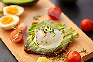 Toast bread with avocado, eggs and cherry tomatoes