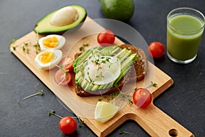 Toast bread with avocado, eggs and cherry tomatoes