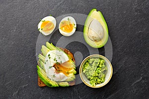 Toast bread with avocado, pouched egg and greens