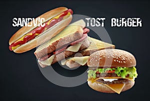 Toast, burger and sausage sandvich