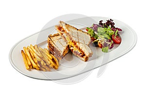 Toast with cheese, egg and Turkish sausage served with salad and french fries on white plate