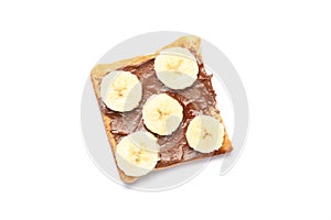 Toast with chocolate cream and banana slices isolated on background