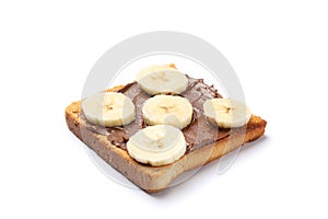 Toast with chocolate cream and banana slices isolated on white