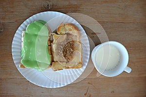 Toast with custard topping and milk