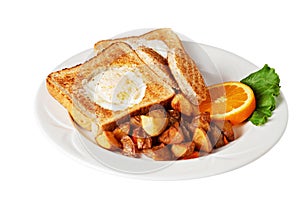 Toast with fried eggs in the middle and homefries
