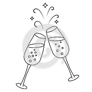 Toast. Glasses of champagne clink each other. Sketch. Crystal glass clinking. Vector illustration.