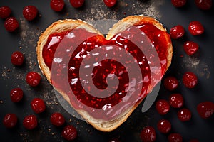 Toast with heart shaped jam, closeup. Top view, black background
