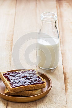 Toast with jam and milk bottle