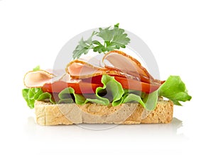 Toast with lettuce,tomato,cold cuts with parsley on white