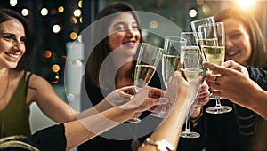 Toast, party and champagne with friends at restaurant for celebration, wine and social event. Happy, diversity and