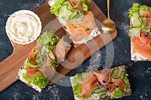 toast with salmon on cereal bread.