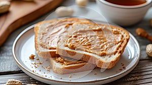 Toast spread with peanut butter lies on a white plate
