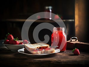 Toast with strawberry jam for breakfast on wooden table. Generative AI