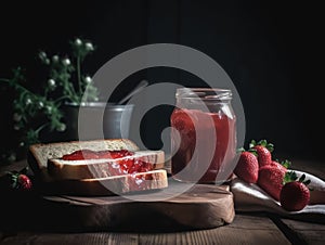 Toast with strawberry jam for breakfast on wooden table. Generative AI