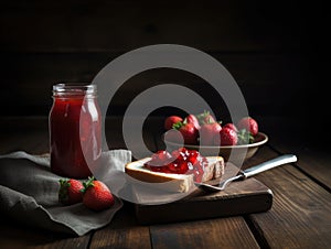 Toast with strawberry jam for breakfast on wooden table. Generative AI