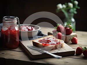 Toast with strawberry jam for breakfast on wooden table. Generative AI