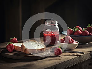 Toast with strawberry jam for breakfast on wooden table. Generative AI