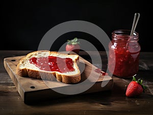 Toast with strawberry jam for breakfast on wooden table. Generative AI