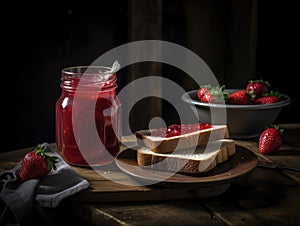 Toast with strawberry jam for breakfast on wooden table. Generative AI