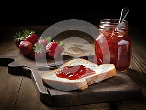 Toast with strawberry jam for breakfast on wooden table. Generative AI