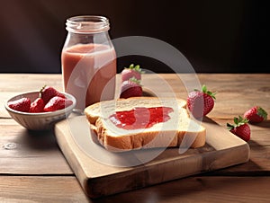 Toast with strawberry jam for breakfast on wooden table. Generative AI