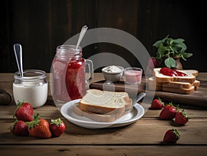 Toast with strawberry jam for breakfast on wooden table. Generative AI