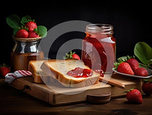 Toast with strawberry jam for breakfast on wooden table. Generative AI